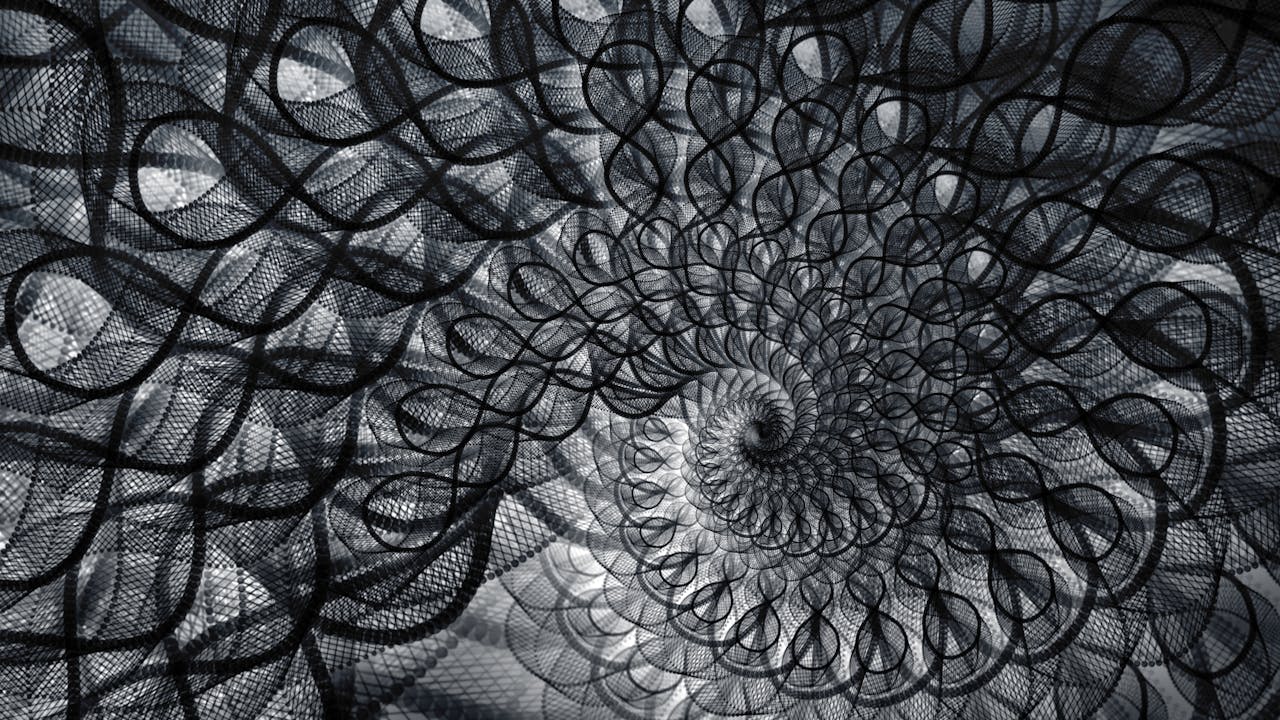 About Abstract black and white spiral with geometric and repetitive patterns, perfect for artistic and creative backgrounds.